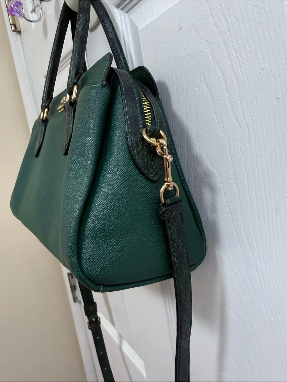 COACH Darcie Carryall in Dark Green Leather Satchel with Gold Hardware